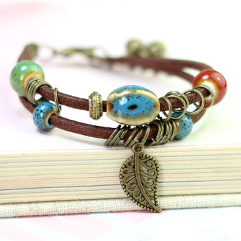 

Sale 1PC Bohemia Handmade Anklet Ceramic Leather Allergy Free Adjustable Bracelets For Women Girls