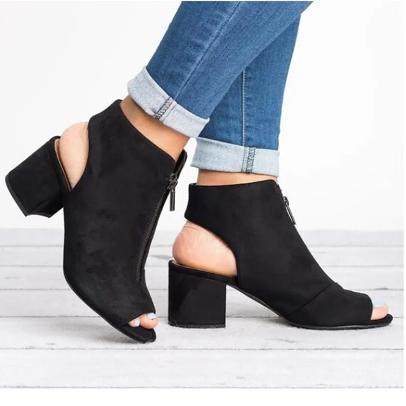 2019 Hot Women Chunky Heels Shoes Open Pointed Toe Zipper Casual Female Shoes for Summer PO66