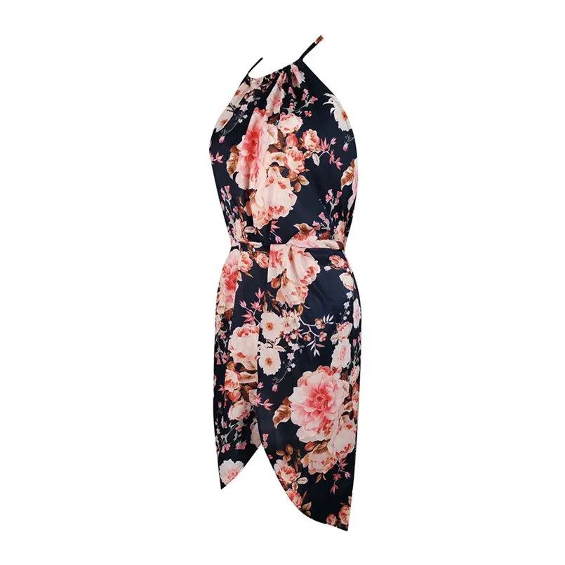 New Women Summer Sexy Sleeveless Halter Neck Floral Print Casual Mini Dress Elegant Lady Vintage Casual Party Dress #4R14 (13)