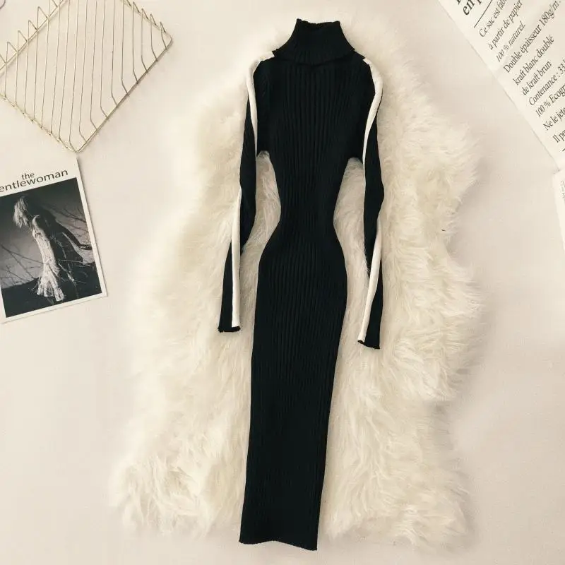 

Amolapha Women Autumn Winter Sexy Turtleneck Knitted Sheath Bodycon Pencil Dress Vestido