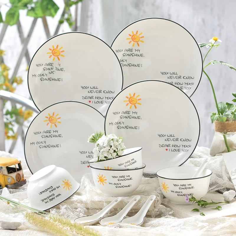 

12 Pieces bone china dinnerware sets bowl plates spoons handpainted cutlery sets ceramic tableware