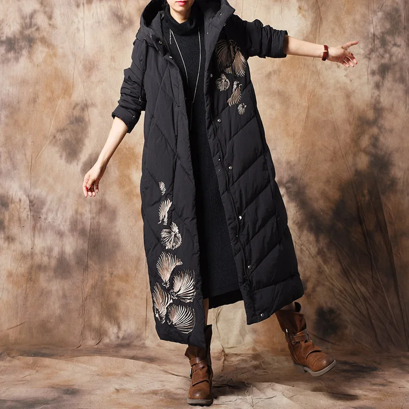 Johnature 2018 Winter New Embroidery Floral Down Coats For Women Hooded Solid Color Vintage Patchwork Warm Women Down Coats