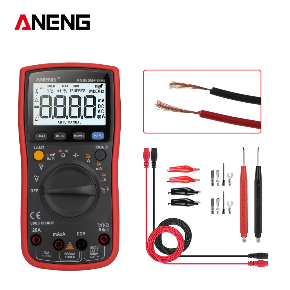 

AN860B+ Probe Digital Multimeter LCD 6000 Count AC/DC Current Voltage Resistance Capacitor Frequency Temperature Transistor Test