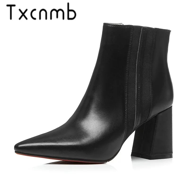 

TXCNMB 2019 Boots Women Ankle Boots for Women Winter Genuine Leather High Heel Shoes Woman Pointed Toe Szie 41 42