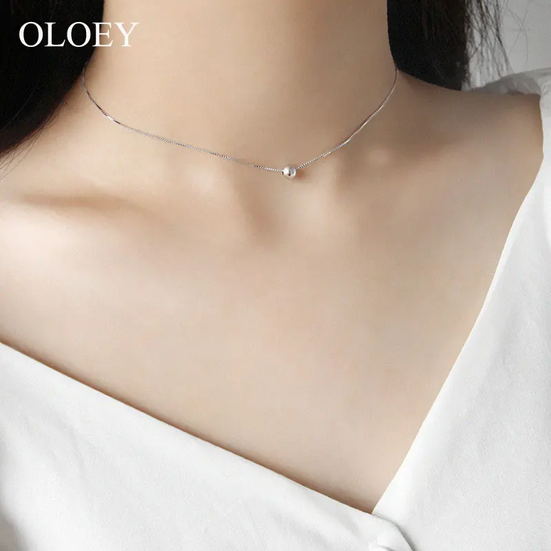 

OLOEY 100% Real 925 Sterling Silver Choker Necklaces for Women Korean Style Bead Box Chain Necklace Fine Party Jewelry YMN078