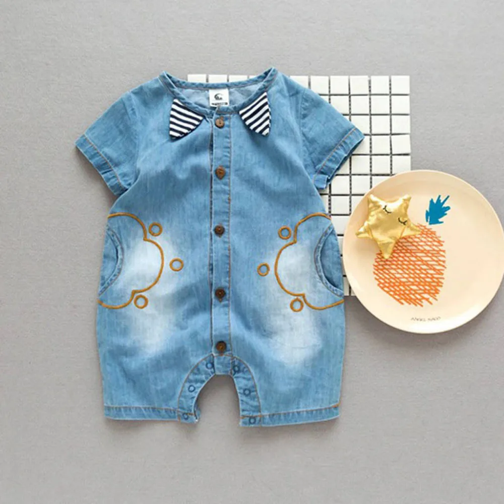 

Cotton Infant Baby Toddlers Infant Baby Kids Demin Short Sleeve Striped Romper Jumpsuit Outfits New