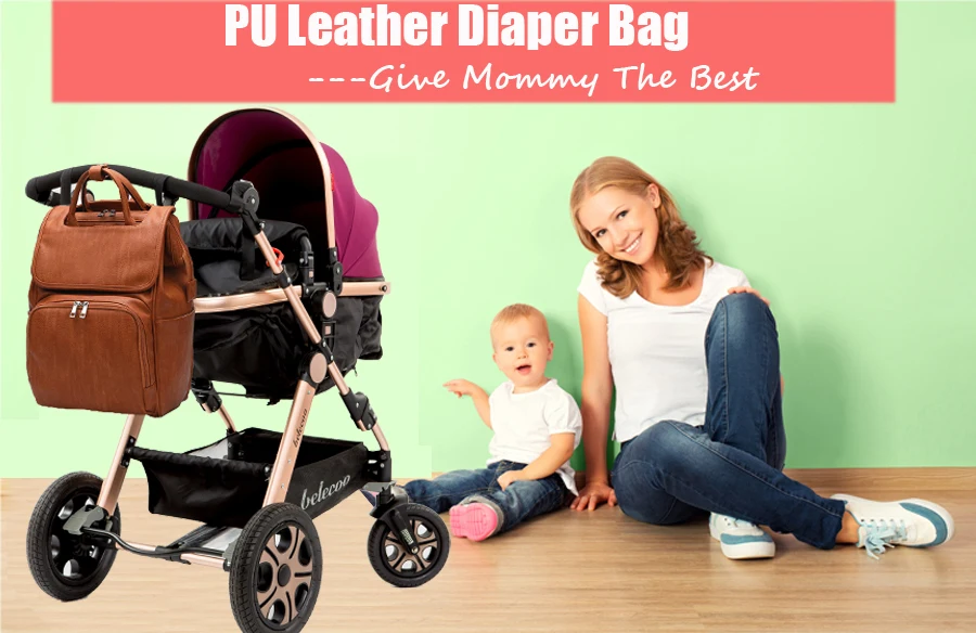 PU Leather Baby Diaper Bag With Changing Pad,Maternity Bag Nappy Bag Mommy Travel Backpack Large Capacity Baby Changing Bag