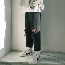 Корейский стиль мужские модные брендовые ковбойские прямые джинсы с дырками черные повседневные штаны Свободные джинсовые брюки размера плюс M-2XL