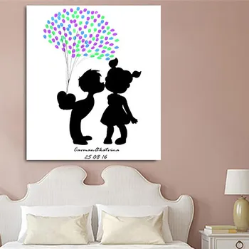 

Personalized Fingerprint Canvas Painting Guest Book Sign Anniversary DIY Lovers Cute Cartoon Engagement Wedding Party Decoration