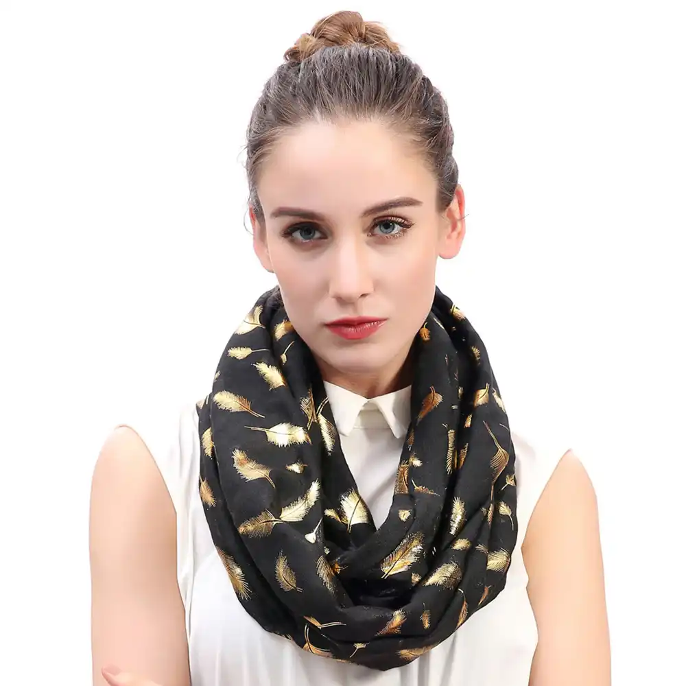 Metallic Gold Feather Women's Infinity Loop Scarf Snood Soft