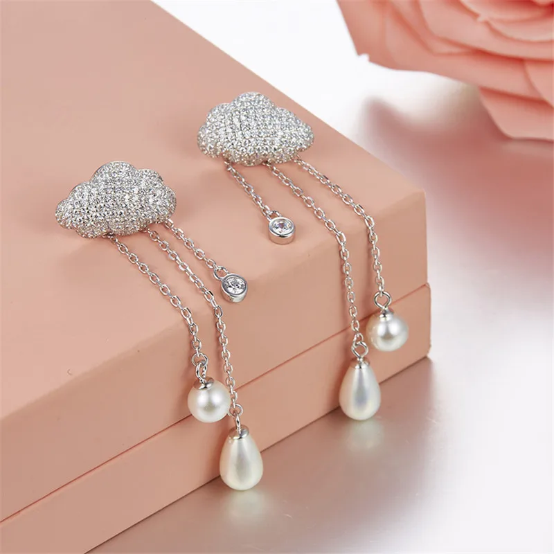 

[MeiBaPJ] Real 925 Sterling Silver Personality Cloud and Rain Drop Earrings for Women with AAA High Quality Stones Party Jewelry