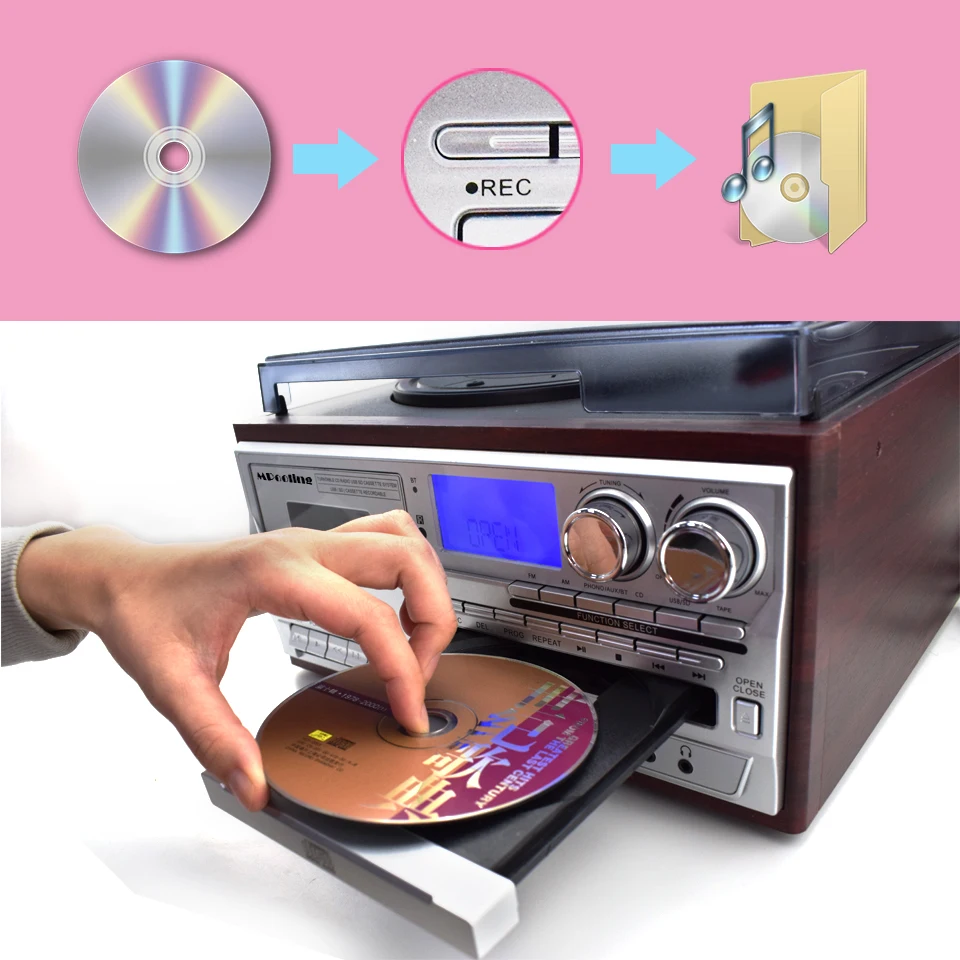 MPOOLING винтажный Ретро виниловый проигрыватель+ CD-плеер+ кассетный плеер+ MP3-плеер+ USB рекордер+ Bluetooth