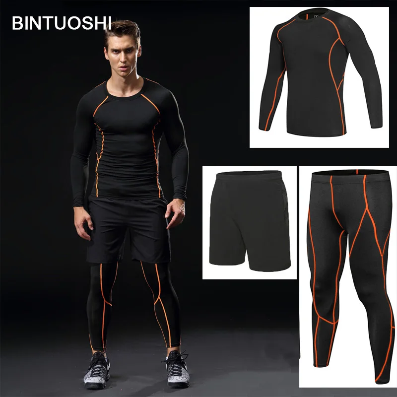 BINTUOSHI 3 шт Для мужчин одежда для фитнеса, тренажерного зала спортивной мужской тренажерный зал Бег комплекты Баскетбол Майки спортивный костюм комплекты утягивающей одежды - изображение