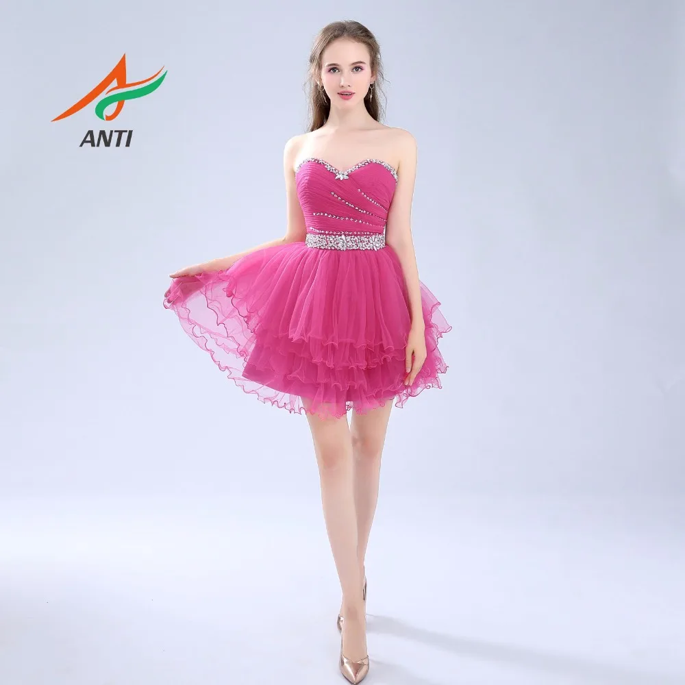 

ANTI Homecoming Dress Sweetheart Fuchsia A-Line Mini Pleat Cocktail Party Dress Above Knee Cheap Tulle Tiered Homecoming Dress