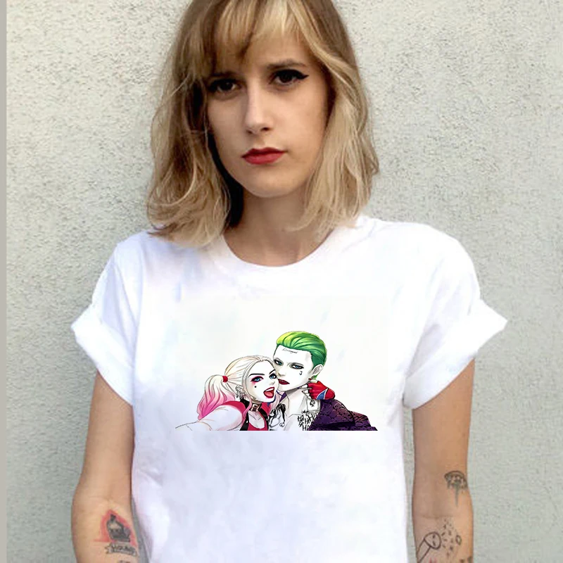 

Harley Quinn and Joker Art Women's T-Shirt Cotton T-Shirt White Camisetas Top Loose T-Shirt Short Sleeve Camisetas Short Shirt