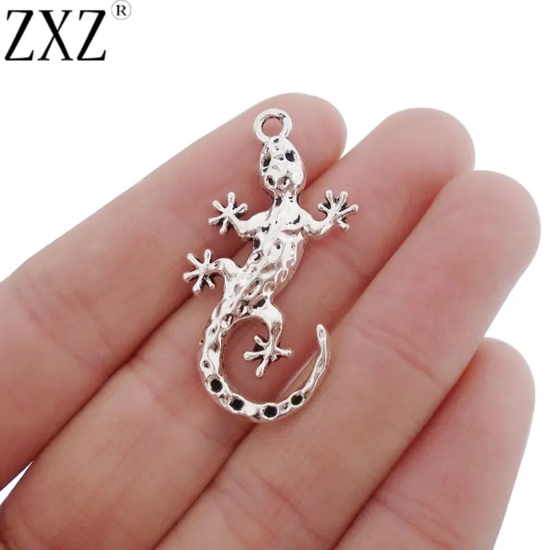 

ZXZ 10pcs Antique Silver Tone Hammered Lizard Gecko Charms Pendants for Necklace Bracelet Jewelry Making Findings 38x20mm