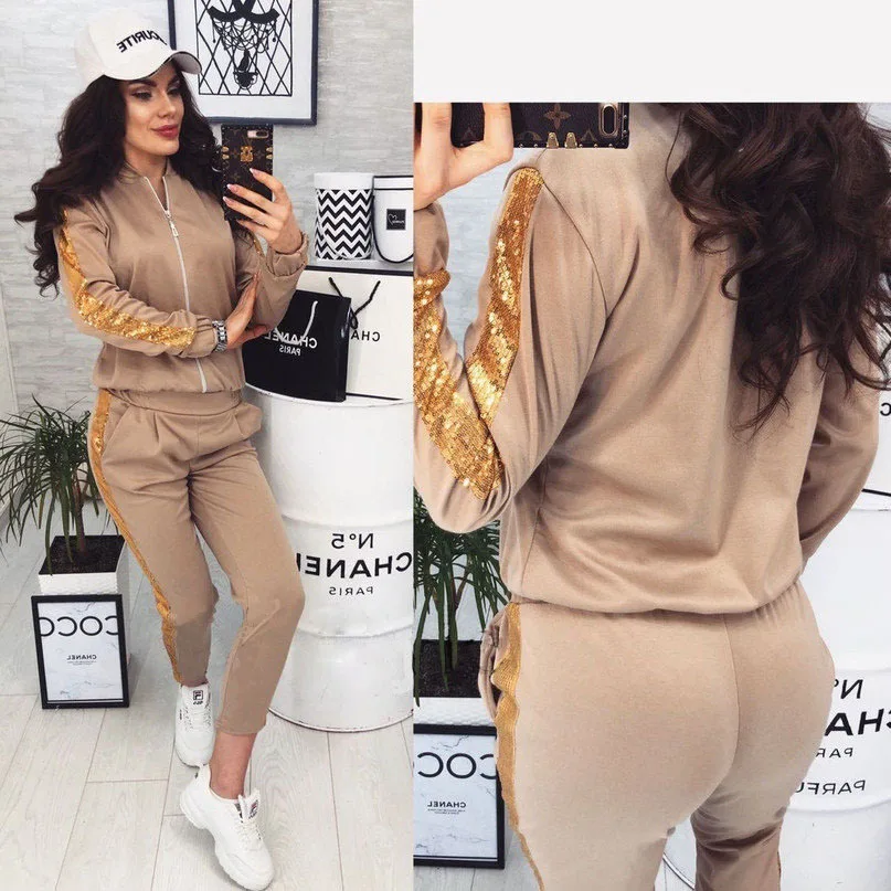 

BKLD Autumn Two Pieces Set Sequined Patchwork Zip Up Coat And Pants Tracksuit Women Set Causal 2019 2 Piece Set Women Outfits
