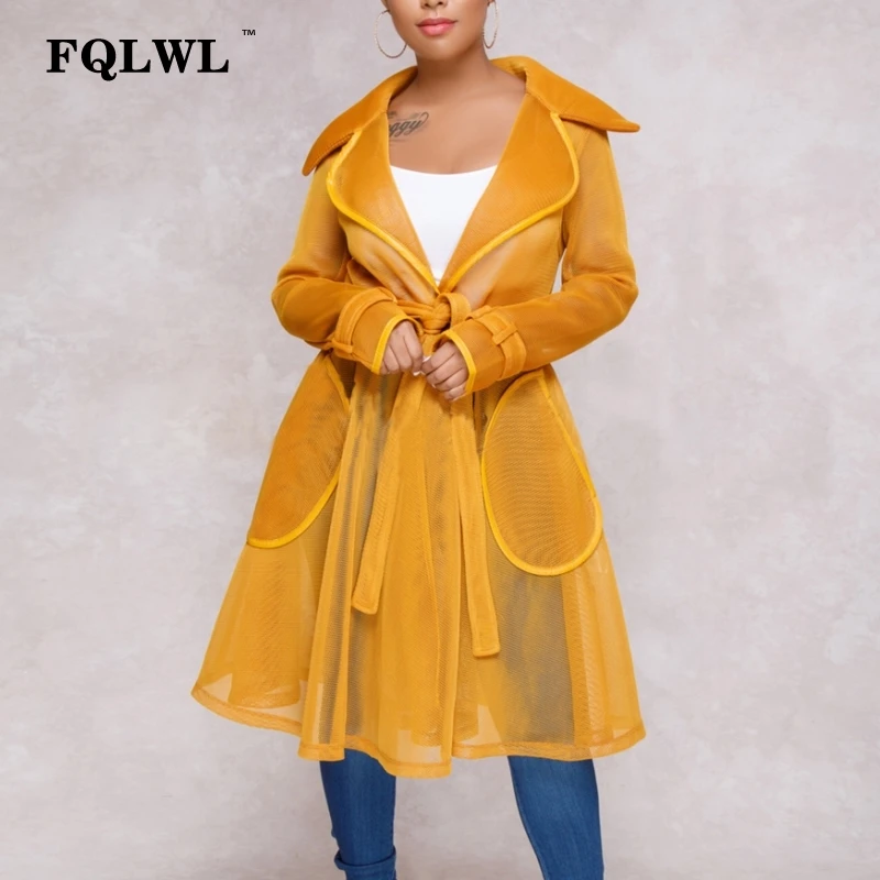 

FQLWL Mesh Sheer Long Trench Coat For Women Transparent Turn Down Collar Sashes Trench Female Casual Winter Coat Women Outwear