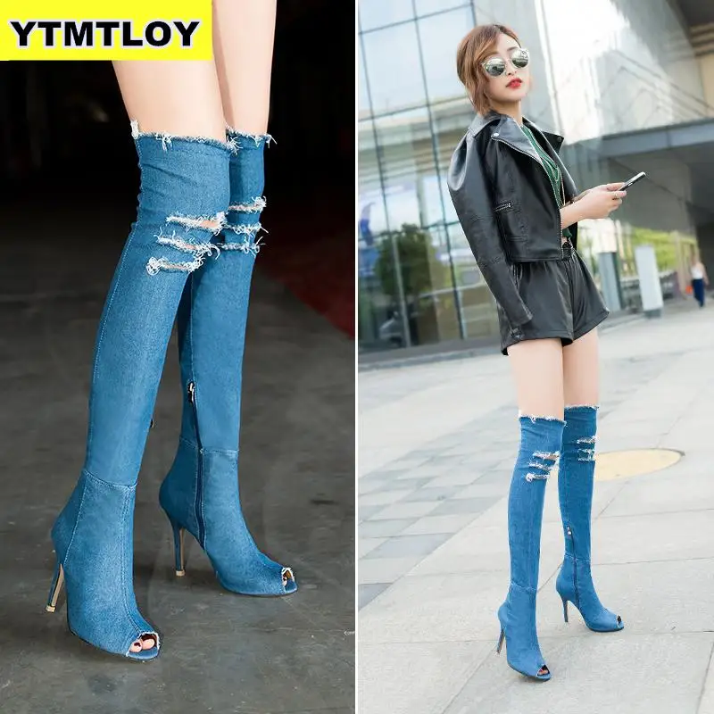 

2019 Peep Toe Fashion Women Boots High Heels Spring Autumn Over The Knee Tight Stiletto Jeans Denim Rome Long Shoes Zip