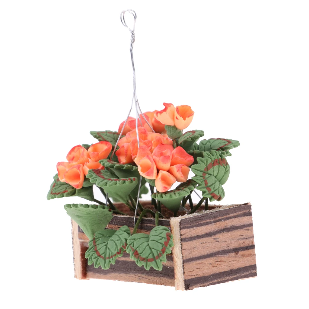 Miniature Hanging Flowers with Wooden Basket Flowerpot Basket Set for 12th Doll House Living Room Balcony Life Scenes Decoration