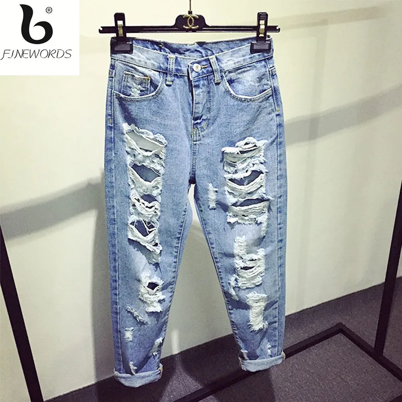 FINEWORDS Newest Fashion Summer Hot Style Women Jeans Ripped Big Holes Harem Pants Jeans Loose Vintage