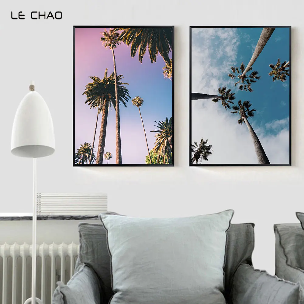

LECHAO Tropical Palm Tree Poster and Print Blue Canvas Painting Nordic Wall Picture for Living Room Modern Home Decor No Frame