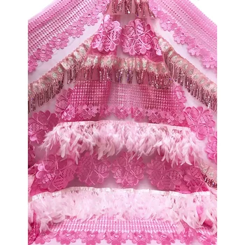 

Fashionable tassels sequins design and appliqued feathers design 3D net lace fabric AF104,Free shipping French Net Lace Fabric