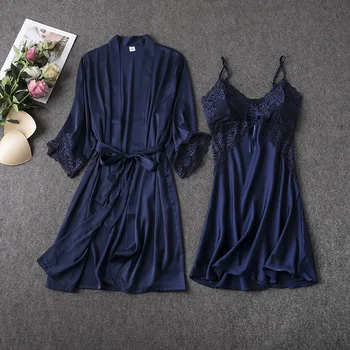 

sexy women's robe & gown sets bathrobe + mini night dress two pieces sleepwear womens sleep set faux silk Nightwear