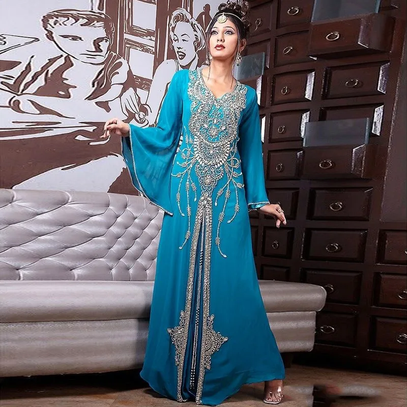 Saudi Arabia Blue Chiffon Evening Dresses 2017 Long Sleeves Abiye Dubai Kaftan Crystal Luxury