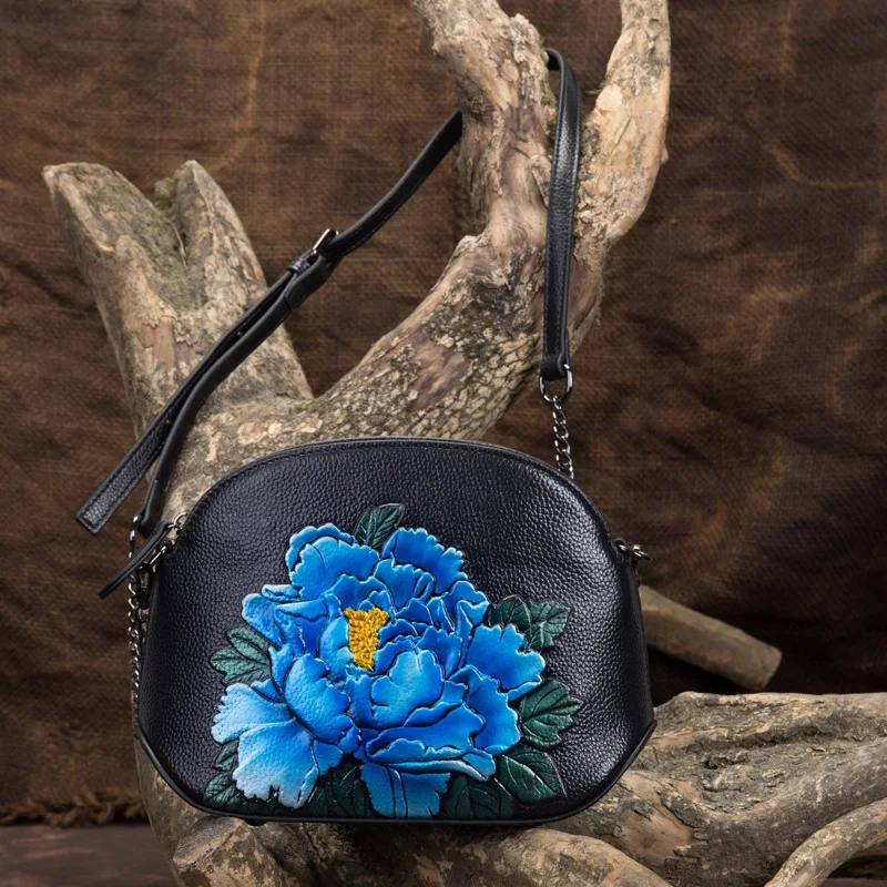 Женские сумки из натуральной кожи, сумка через плечо с рисунком пиона, маленькая сумка-тоут с тиснением, сумочка в китайском стиле, сумка-мессенджер на плечо - Цвет: Blue Black