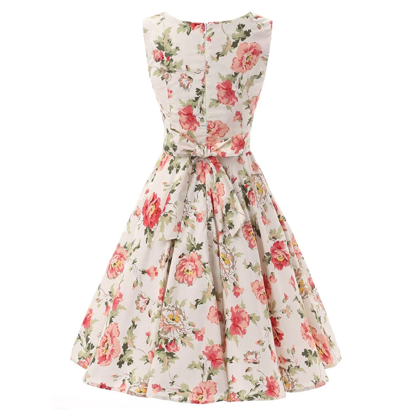 Kostlish Elegant Print Flower Summer Dress Women 2017 Big Swing 50s Vintage Dress Cotton Sleeveless Rockabilly Dresses Sundress (4)