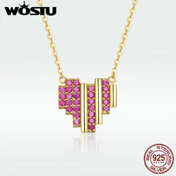 

WOSTU Genuine 925 Sterling Silver Pink Heart Zircon Pendant Romantic Necklaces For Women Elegant Wedding Silver Jewelry DAN014