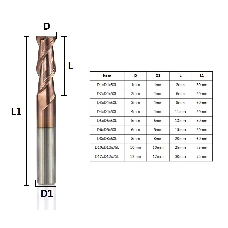 1 шт. 1-12 мм фреза с плоским торцом HRC 50 карбид вольфрама фреза тикон покрытие плоское Фрезерное долото 2 флейты ЧПУ фреза