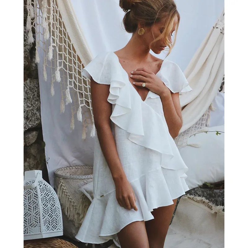 

Sexy White Ruffle Beach Dress Cover up Kaftans Sarong Bathing Suit Cover ups Pareos Swimsuit Womens Swim Wear Beach Tunic