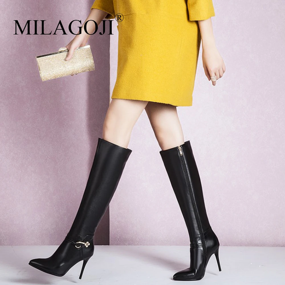 

Handmade Full Grain Leather Short Plush Metal Decoration Pointed Toe Mid-Calf Boot MILAGOJI Solid Cow Leather Thigh High Boots