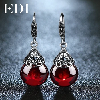 

EDI Retro Round Gemstone Garnet Earrings Female 100% 925 Sterling Silver Fine Jewelry