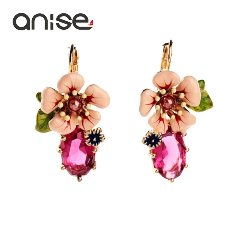 

Anise Elegant Enamel Flower Stud Earring Luxury Pink Water Drop Crystal Earrings for Woman Trendy Bride Wedding Brinco Jewelry