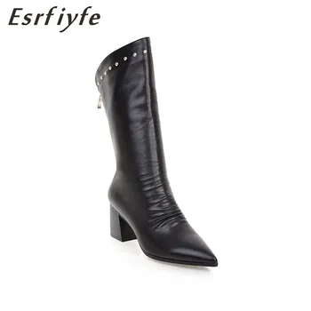 

ESRFIYFE Elegant Brand Design Mid Calf Boots Pointed Toe High Heels Shoes Women 2018 New Fashion Rivets Wedding Autumn Boots