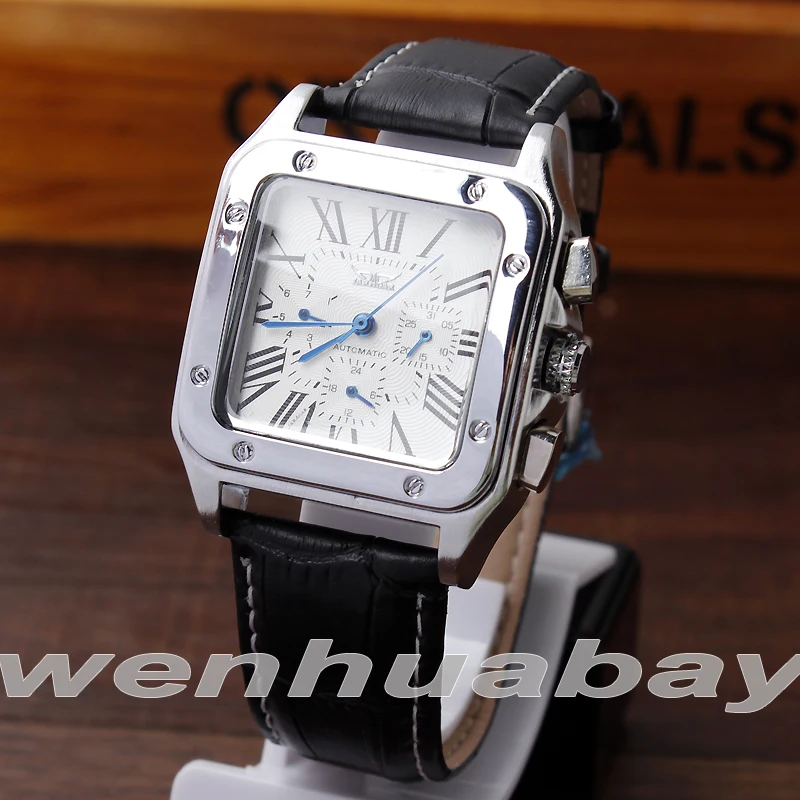 

Transparent Fashion Luminous Hands Gear Movement Retro Royal Design Men Mechanical Square Leather Wrist Watches Waterproof
