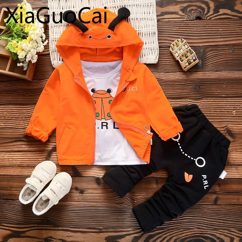 

Three-piece Spring/Autumn Casual Boys and Girls Coats and Pants Orange Children's Clothing Sets Cartoon Long-sleeved Trousers