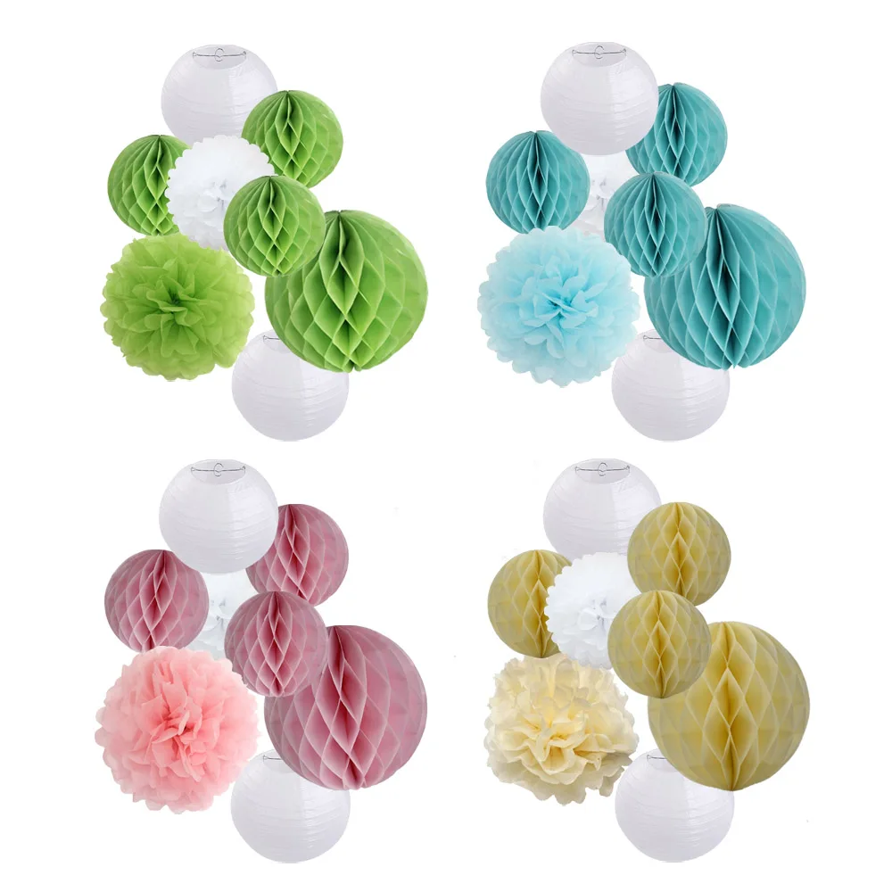 

8pcs/set Green Set 8" White Round Hanging Paper Ball lanterns 15cm Honeycomb Tissue Pom Pom For Summer theme Party Decoration