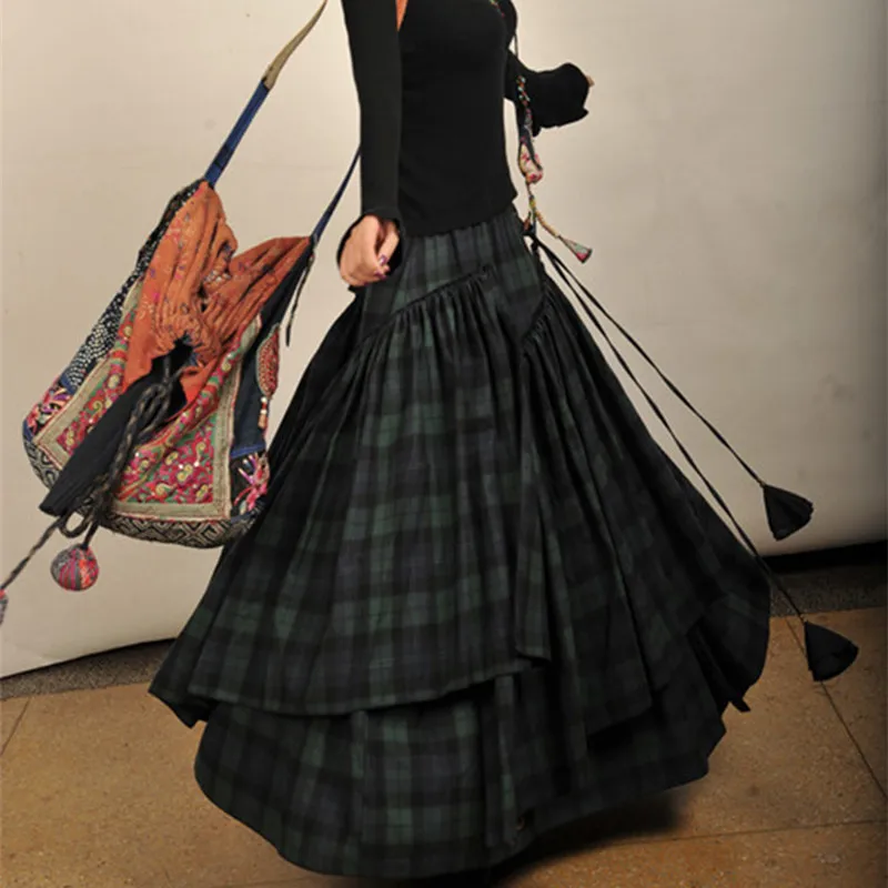 

Free Shipping 2019 New Fashion Long Maxi A-line Elastic Waist Women Cotton Skirts Plus Size S-2XL Vintage Plaid Blue Skirts