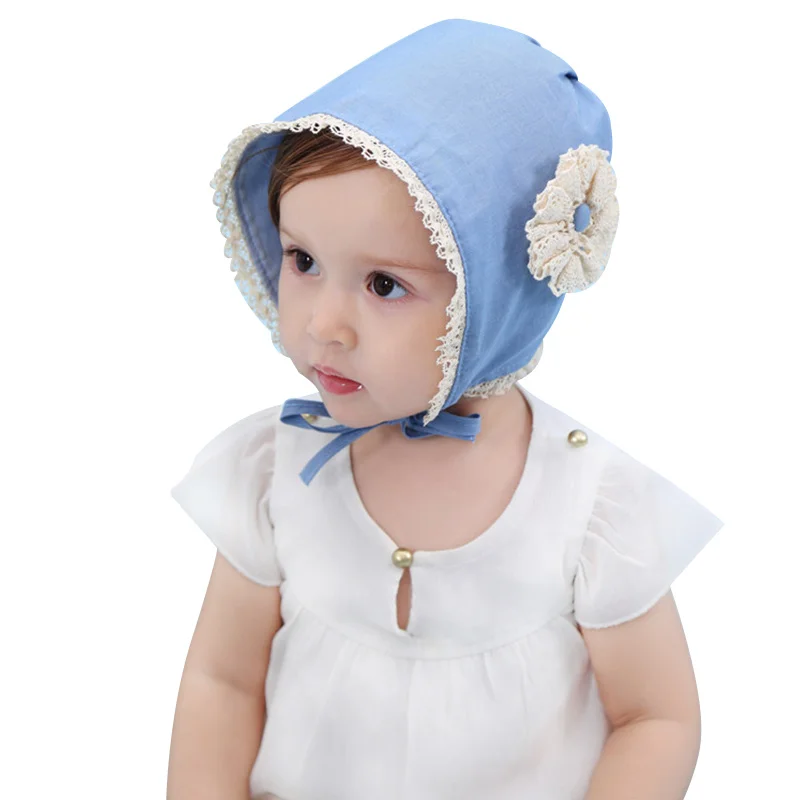 Flower Lace Baby Girls Hat Korea Princess Bucket Hat Cute Cotton Baby Beanie For Girls Blue Toddler Girls Sun Hat Caps Autumn (2)