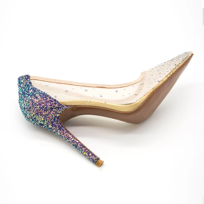 Летние шикарные женские туфли-лодочки из сетчатого материала высокого качества, украшенные стразами, размера плюс 34-43 женские туфли для вечеринок на высоком каблуке с серебристыми блестками