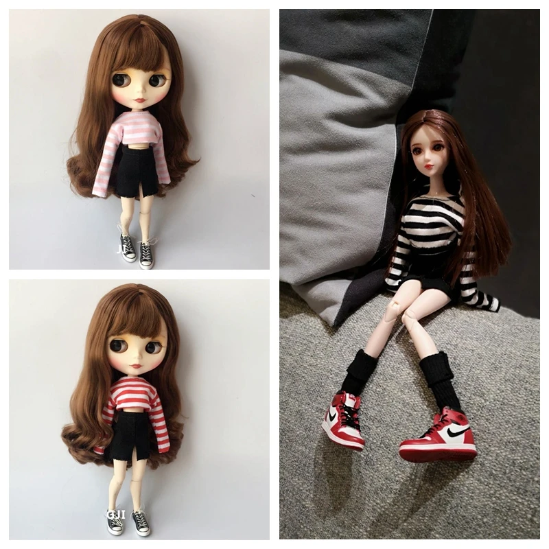 

2PCS/Set Blyth Dolls Clothing Stripe Shirt+Denim Split Skirt for Azone Licca Barbis Kurhn 1/6 Dolls Accessories clothes for doll