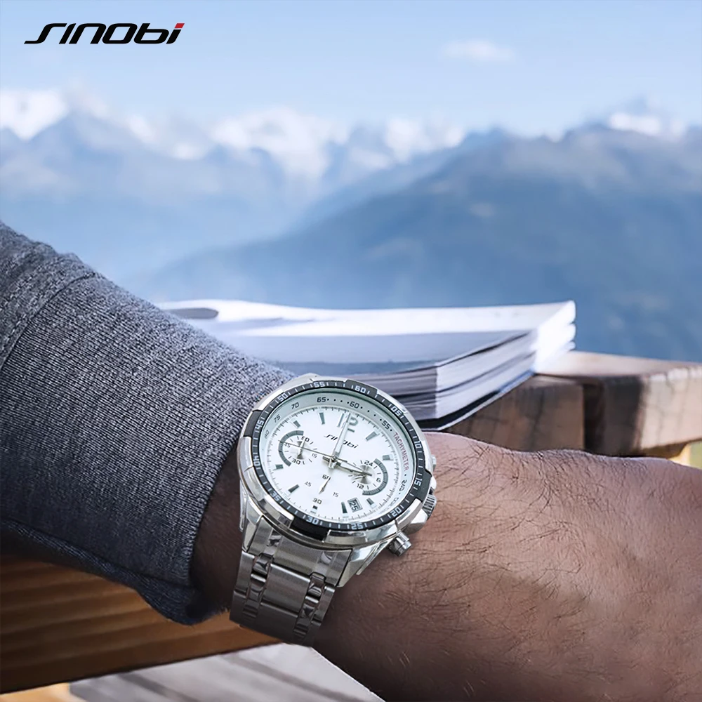 SINOBI Chronograph Classic Luxury Business Men Watch Full Steel Quartz Watches Men Clock Hour Army