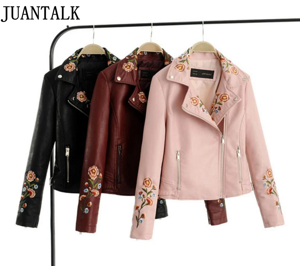 

JUANTALK Autumn Winter Women Fashion Flower Embroidery PU Leather Jacket Motorcycle Zipper Coat Black Pink Red Outwear