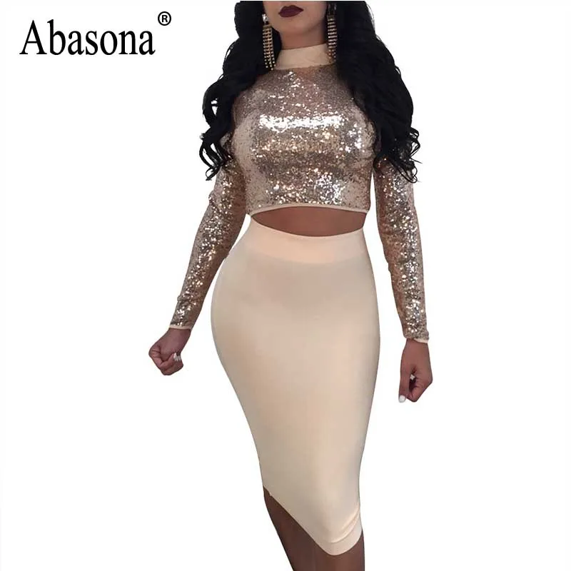Abasona Women Sequin Dress Autumn Long Sleeve Lace