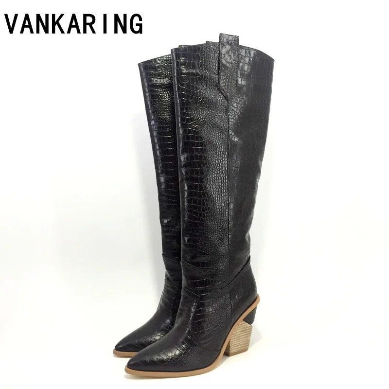 

VANKARING brand microfiber leather women knee high boots sexy pointed toe western cowboy boots women chunky wedge riding boots