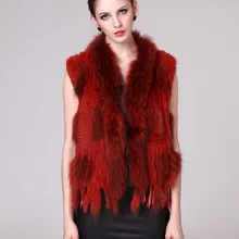 2016 Genuine Real Knitted Rabbit Fur Vest Waistcoat Raccoon Fur Collar with Tassels Women Fur Gilet